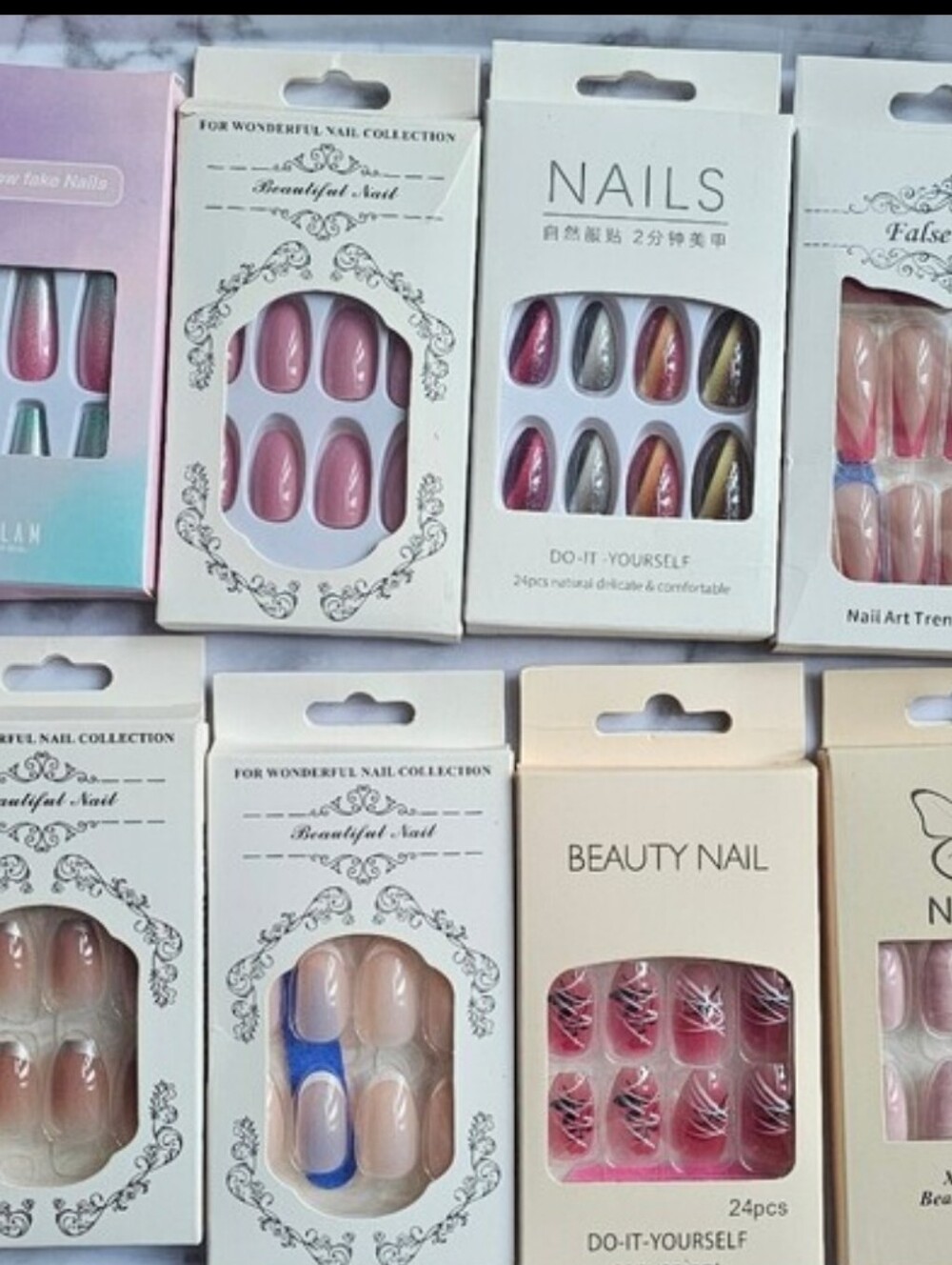 Assorted Press-On Nail Sets — Pink, Nude, Blue & Metallic Accents
